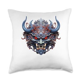 Scary Yokai Oni Mask Japanese Anime Warrior Throw Pillow