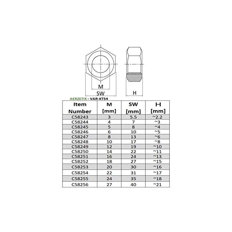 AERZETIX - C58243 - Set of 100 hexagon nuts classic