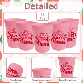 Qxcv Berry Sweet One Plastic Cups 16oz Strawberry Birthday Reusable Cups Strawberry Baby Shower Drinkware Berry Theme First Birthday Party Supplies 12Pcs Pink