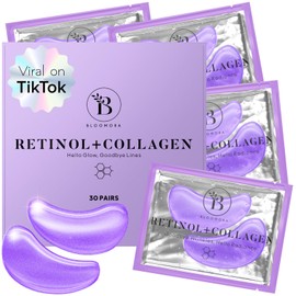 BLOOMORA Retinol & Collagen Under Eye Gel Patches (30 Pairs) | Eye Masks for Puffy Eyes | Under Eye Patches for Dark Circles & Puffiness | Under Eye Mask for Eye Care | Collagen Eye Patches