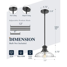 11 Inch Hammered Glass Pendant Lights Kitchen Island, Black Pendant Light Fixtures, 1-Light Farmhouse Hanging Lamp for Kitchen Sink, Dining Room, Living Room, Bedroom, Hallway, Porch, DD036-1-BK