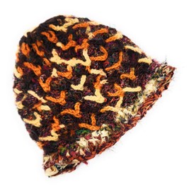 Hand Knit Wool & Recycled Silk Warm Beanie Diamond Chain Detail Fleece Lined Made in Nepal (Brown/Tan)