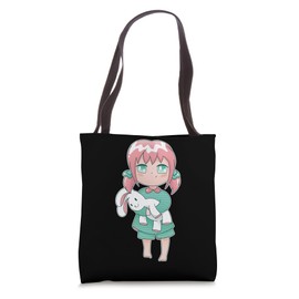 Cute Girl with Plush Bunny Tote Bag