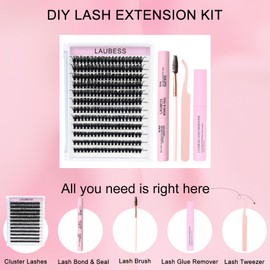 Lash Extension Kit LAUBESS Lash Clusters DIY Eyelash Extension Kit Individual Lashes Lash Bond and Seal Remover Tweezers Brush Cluster Lashes (Set 50D-0.07D-9-16Mix)
