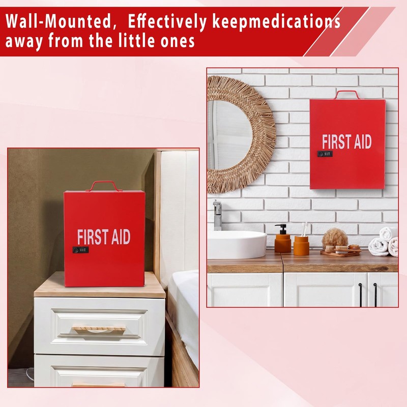 First Aid Cabinet with Combination Lock & Key 3 Shelf,Red
