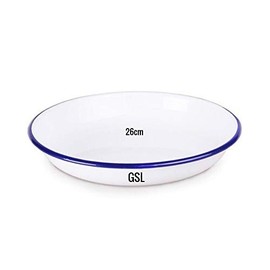 2 Piece Set of Round White Enamel Blue Rim Pie Dishes 26cm