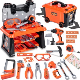 REXBETI Kids Tool Set with Box and Electronic Toy Drill, Pretend Play Kids Workbench Construction Kits, Toddler Tool Set, Birthday Gifts for Ages 3-8 Years Old