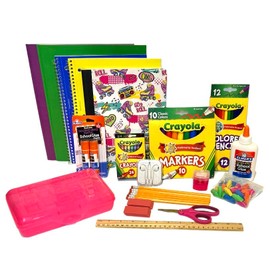 Back School Supplies Kit for Girls Grades K-8 Notebook, Folders,Headphones, Markers, Glue, Ruler, Crayons by SCHOOL SUPPLIES OF THE CAROLINAS (Pink)