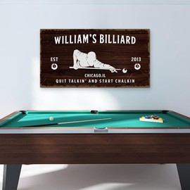 Man Cave Wall Art - Billiard Sign - Pool Room Accessories, Wall Decor for Men, Decoration for Men, Boys, for Bar, Ready to Hang (Billard Player - Dark Brown Background)