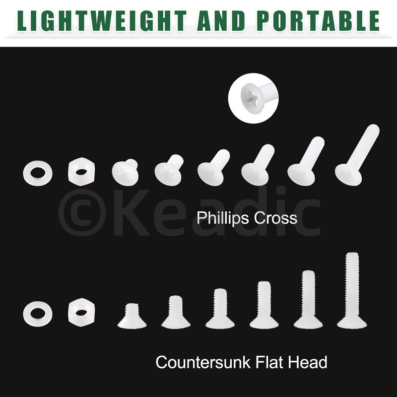 Keadic White Nylon Countersunk Machine Screws, Flat Head Machine Screws