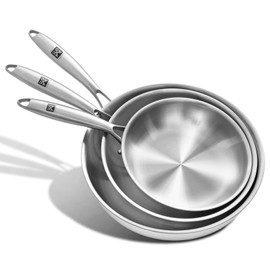 GOLDEN KEY Tri-Ply Stainless Steel Frying Pans Set,8”/10”/12” Non Toxic Skillets, PFOA&PTFE Free Cooking Pans,Stainless Steel Cookware Set,Fast & Even Heat, for Home Chefs & Everyday Cooking