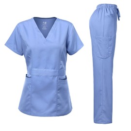 Dagacci Medical Uniform Women's Scrubs Set Stretch Contrast Pocket Ceil Blue M