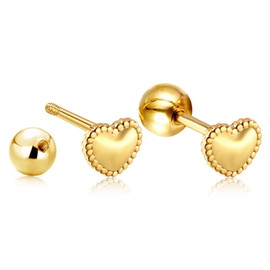 Gold Heart Earrings for Women, 4mm Screw Back Ball Minimalist Dot Love Heart Stud Earrings Tiny Small Cartilage Dainty Heart Jewelry Valentines Day Gifts