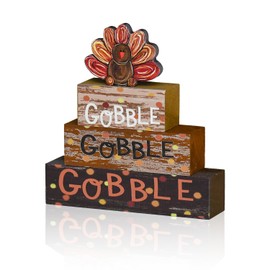 Smile Thanksgiving Decor Indoor Wooden Block Signs, Turkey Decor Gobble for Rustic Farmhouse Home, Thanksgiving Table Tiered Tray Kitchen Decorations