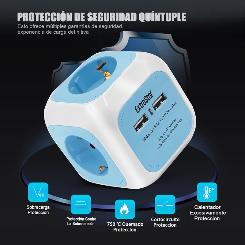 EXTRASTAR 6 in 1 USB Power Strip with 4 Sockets
