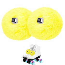 GUIFIER 2 PCS 8cm Roller Skate Pom Poms with Bells for Girls, Fluffy Faux Fur Pom Pom for Roller Skates, Tie on Roller Skate Pompoms Puff Balls with Shoelace, Quad Roller Skate Accessories (Yellow)