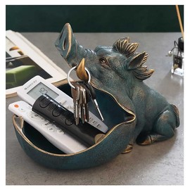CUZOKOLA Wild Boar Staute Home Resin Pig Figurine Fun Unique Candy Dish,Candy Bowl,Key Bowl for Entryway Table Art Decoration with Big Mouth Animal Sculpture Sundries Storage Holder Box(Dark Blue)