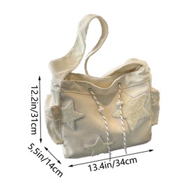 Y2K Star Hobo Bag for Women – Corduroy Drawstring Crossbody Bag, Aesthetic Travel Shoulder Tote (White)