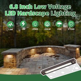 GKOLED 6.8 Inches LED Hardscape Lights, Low Voltage Retaining Wall Light Waterproof, 12V AC/DC Landscape Lighting, 1.5W 2700K, Classic Step Lights Outdoor, Die-cast Aluminum Housing