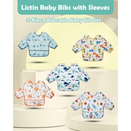 Lictin Long Sleeve Bibs 5 Pack - Baby Bibs for Boy, Waterproof Toddler Bibs, 0-24 Months Neutral Baby Smock for Eating, Reusable Infant Baby Bibs for Feeding Teething or Weaning
