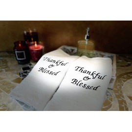 Liberty21 Embroidered Hand Towels with Inspirational Message: Thankful & Blessed (1 Set of 2 Hand Towels) for Bathroom, Kitchen or Spa. (White)