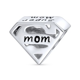 Mothers Day Diamond Shape Saying Word SUPER MOM Charm Bead For Women Wife Oxidized .925 Sterling Silver Fits European Bracelet