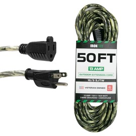 Iron Forge Cable Camo Outdoor Extension Cord 50 ft, 16/3 SJTW 50 Foot Camoflauge Exterior Extension Cord 3 Prong, Weatherproof Heavy Duty Power Cable for Outside, Deck, Landscaping, Lawn & Hunting