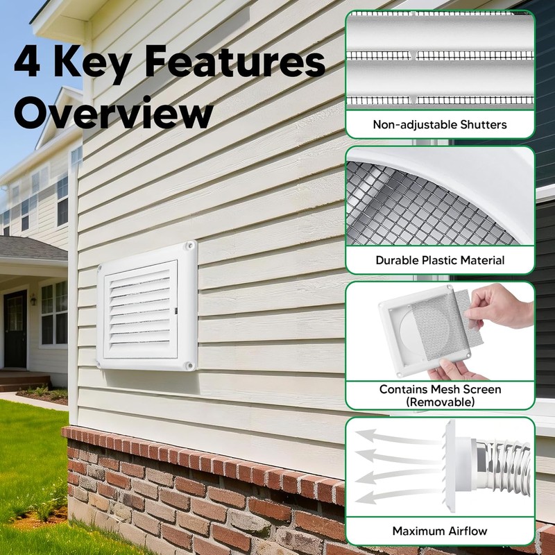 Funmit 4" Louvered Vent Cover Stops Birds Nesting for Outside