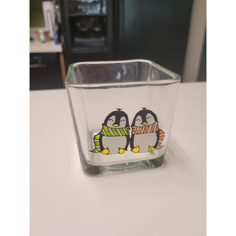 Winter Penguin Couple Glass Square Candle Holder Seasonal Home Decor
