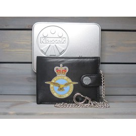 Klassek RAF Badge Image Men Chain Wallet Real Leather Cap Badge Emblem Military Crest Insignia RFID Blocking with Coin Pocket and Metal Gift Box