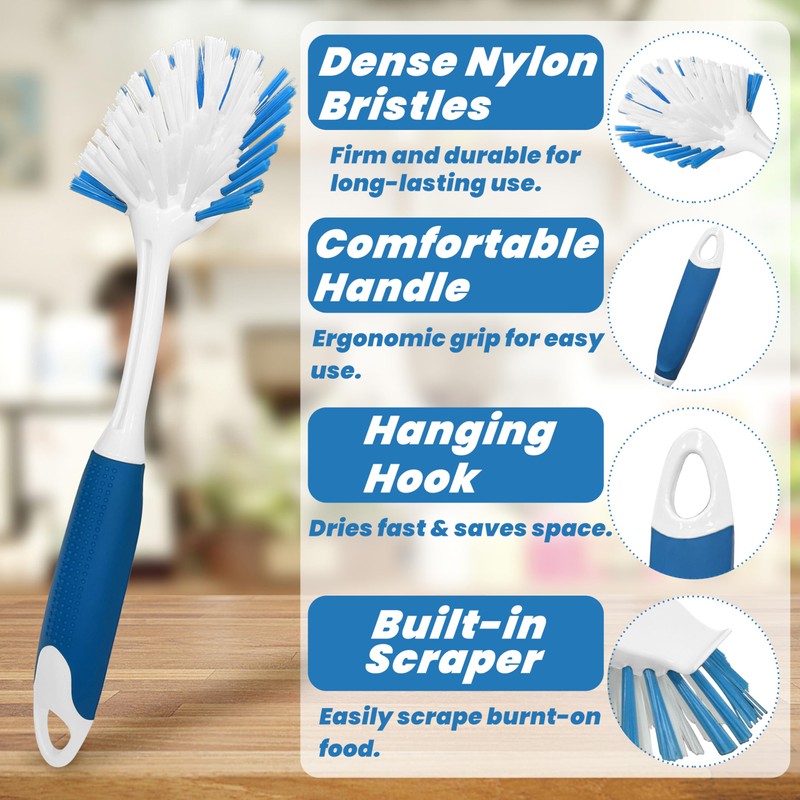 PHYEX 2-Pack Dish Brushes with Scraper, Durable Nylon Bristles Kitchen