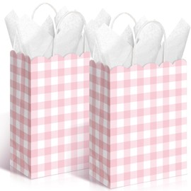 Kolldenn 24 Pcs Pink Gingham Party Supplies Gift Bags with Handles Kraft Paper White and Pink Plaid Treat Candy Goodie Bags for Spring Easter Birthday Wedding Gingham Party Favors
