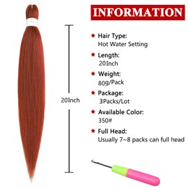 Xtrend 20 Inch EZ Braids 3 Packs Copper Red Pre-Stretched Easy Braiding Hair Extensions for Box Braids Hair Hot Water Setting Synthetic Fibre Hair Extensions (3 Packs, 350#)