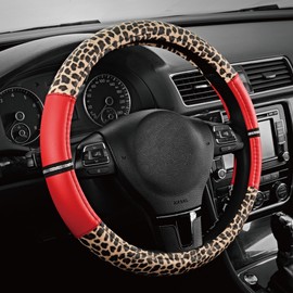 Road Comforts Leopard Steering Wheel Cover - Made with PVC Leather Cheetah Print - Anti-Slip, Universal Fit 14 1/2 inches to 15 inches - Red