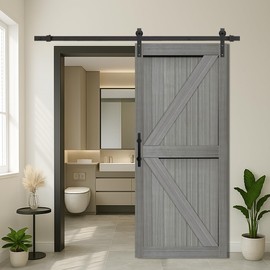 S&Z TOPHAND® 36in x 84in MDF Light Gray Barn Door with 6.6FT Sliding Door Hardware Kit, Solid Barn Door Slab Covered with Water-Proof PVC Surface/Double Surfaces/Simple Assembly is Required