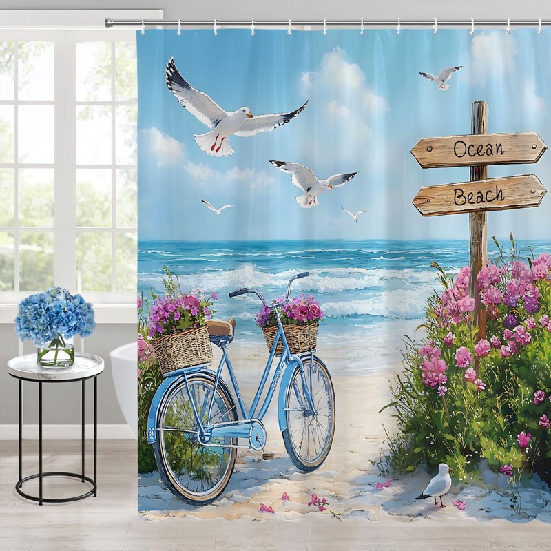 ZFMRZF Beach Bicycle Seagull Shower Curtain 70x70 Inch