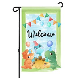 RoadSea Dinosaur Welcome Garden Flag - Welocm Home Party Door Sign - Kid Birthday Yard Lawn Sign - Cute Dinosaur Party Garden Indoor Outdoor Decoration Supplies - Double Sided 12" x 20" (Dinosaur)