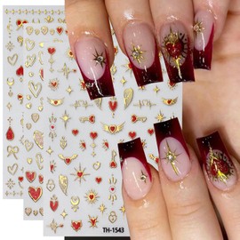 Gold Love Heart Nail Art Stickers Romantic Valentine's Day Red Heart Nail Supplies Love Bow Star Nail Stickers Stars Sun Moon Starlight DIY Transfer Decals Designs Nail Tip French Manicure Decor 3Pcs