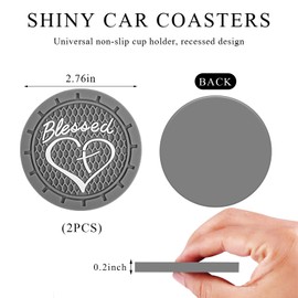 KVAEY 2 PCS Car Cup Holder Coasters, 2.76 Inch Anti Slip Vehicle Drink Mats with Cute Blessed Cross and Heart, Shockproof, Universal Car Accessories (Gray)