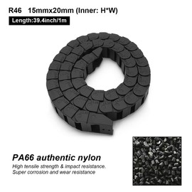LMioEtool R46 15mm x 20mm(Inner H x Inner W) Black Plastic Cable Wire Carrier Drag Chain 1M Length for CNC, with End Connectors - Bridge Type (Non-openable)