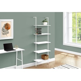 Monarch Specialties I 3687 Bookshelf, Bookcase, Etagere, Ladder, 5 Tier, 72" H, Office, Bedroom, Metal, Laminate, White, Contemporary, Modern