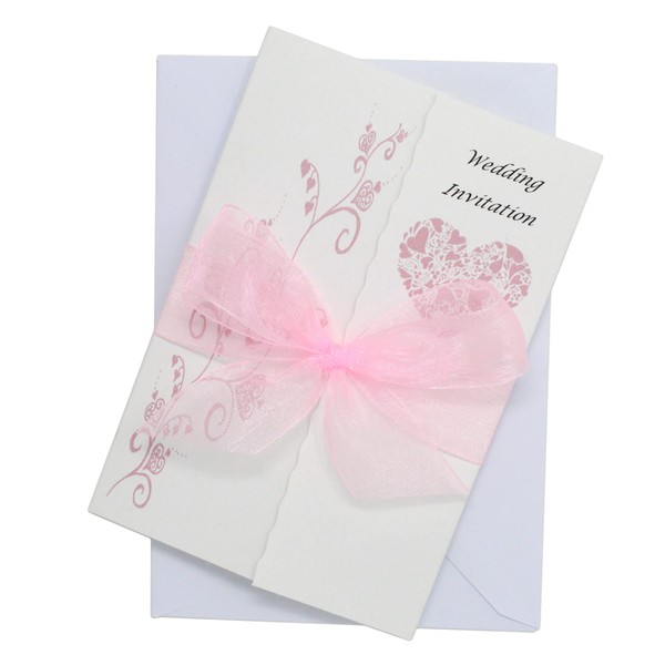 Pack of 10 Baby Pink Wedding Invitations with ribbon and