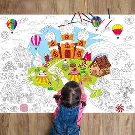 Naozinebi Candyland Coloring Poster for Kids Giant Coloring Poster Large Cartoon Rainbow Lollipop Coloring Tablecloth Jumbo Coloring Books for kids Classroom Home Birthday Party Supplies Favor