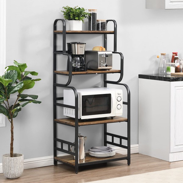 O&K FURNITURE Metal 4-Tier Kitchen Bakers Rack with Storage Shelf, Standing Microwave Oven Stand Rack Spice Rack Organizer, Double-Purpose Rack for Wide Application,Residential, Vintage Brown