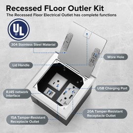 Vagueior Recessed Flat Hidden Floor Electrical Outlet Box Kit,Stainless Steel Cover with 2 * 20A+ 1 * 15A Receptacle Outlet,+2 * 5V/4.8A USB Port+1*RJ45 Port,UL Certified,Silver