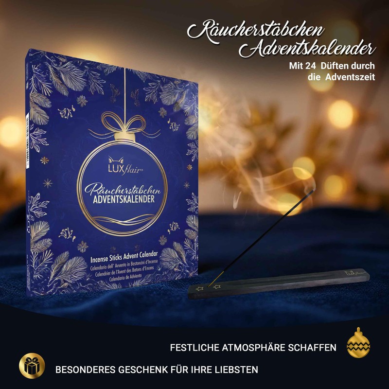 Luxflair Adventskalender für Räucherstäbchen - 48 Stäbchen, 24 winterliche Düfte,