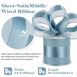 HUIHUANG Dusty Blue Organza Wired Ribbon with Satin Stripe 2.5 inch Blue Sheer Wired Ribbon for Bows Making, Wreaths, Gift Wrapping, Bridal Shower Wedding Decor Decor-Continous 10 Yards
