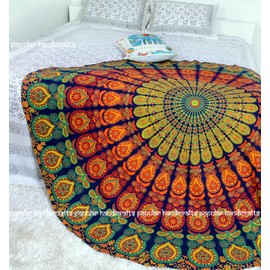 Popular Round Tapestry Indian Mandala Round Roundie Beach Throw Tapestry Hippy Boho Gypsy Cotton Tablecloth Beach Towel , Round Yoga Mat by Popular Handicrafts