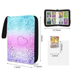 4 Compartment Scrapbook 400 Pockets Collection of Trading Card Games Trading Card Holder with 50 Sleeves Trading Card Folder for Kids Girls Rainbow