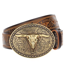Evbopa Western Leather Belts for Men Cowboy Belt Mens Engraved Bull Buckle Belts